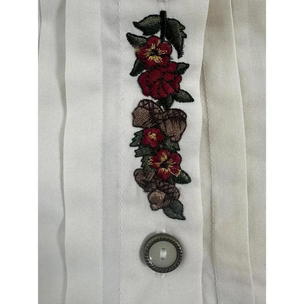 Jantzen Classics Embroidered Floral Button Front Shirt Sz L Cottagecore Ivory